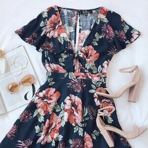 Lulus Botanic of Time Navy Blue Floral Print Tie-Front Skater Dress Medium